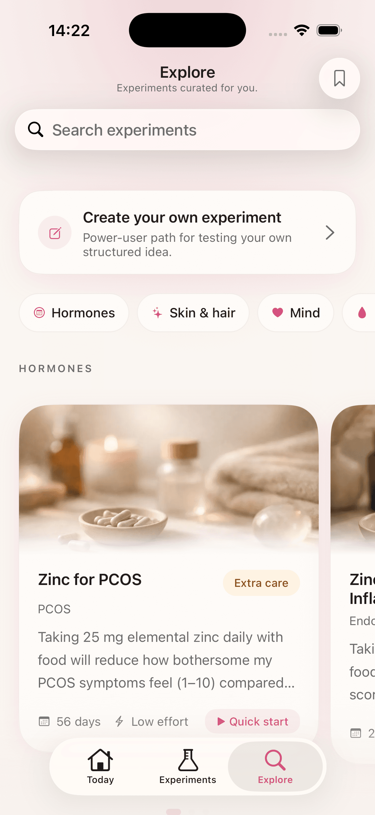 HerLyfe Explore screen with search, curated experiments, and a featured experiment card.