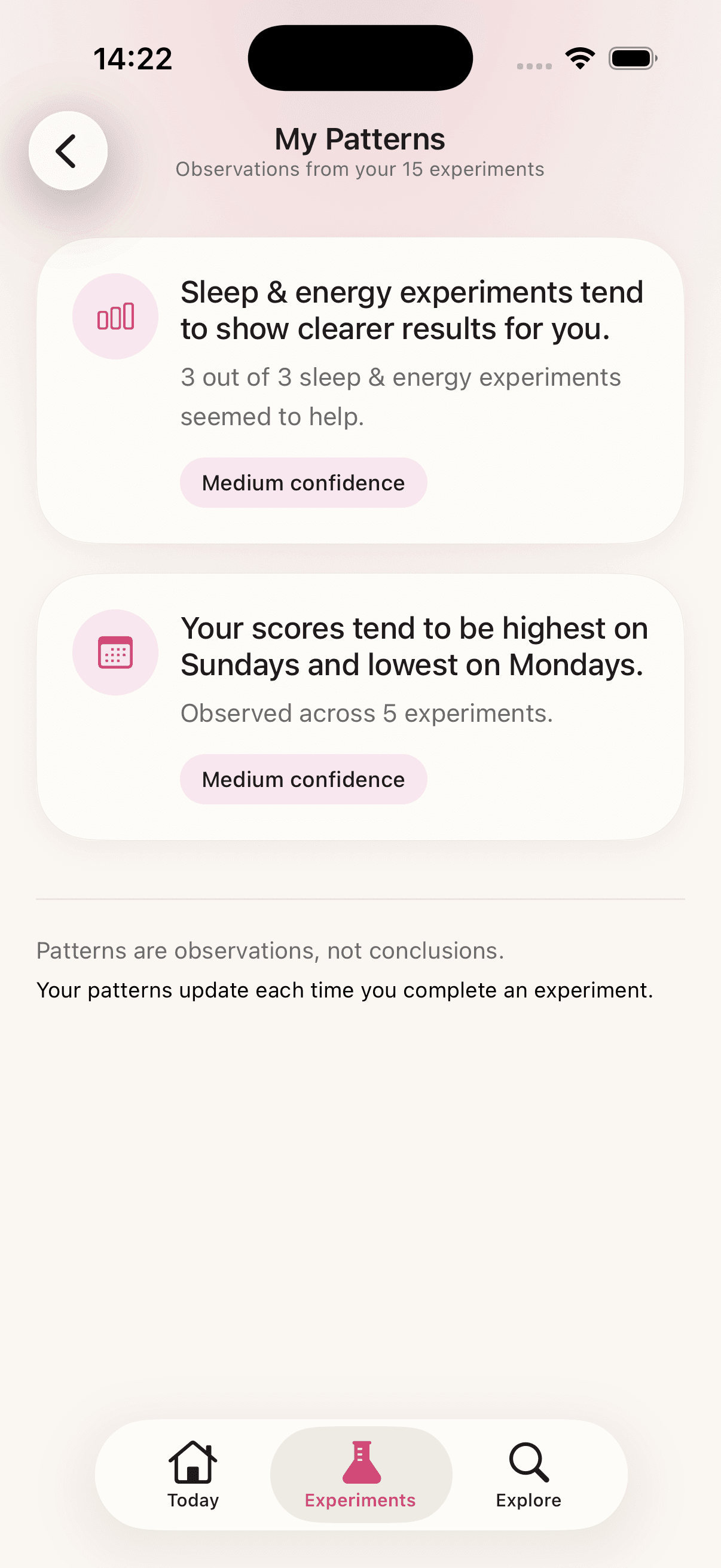 HerLyfe My Patterns screen showing personalized insights from experiments, observation cards, and confidence labels.
