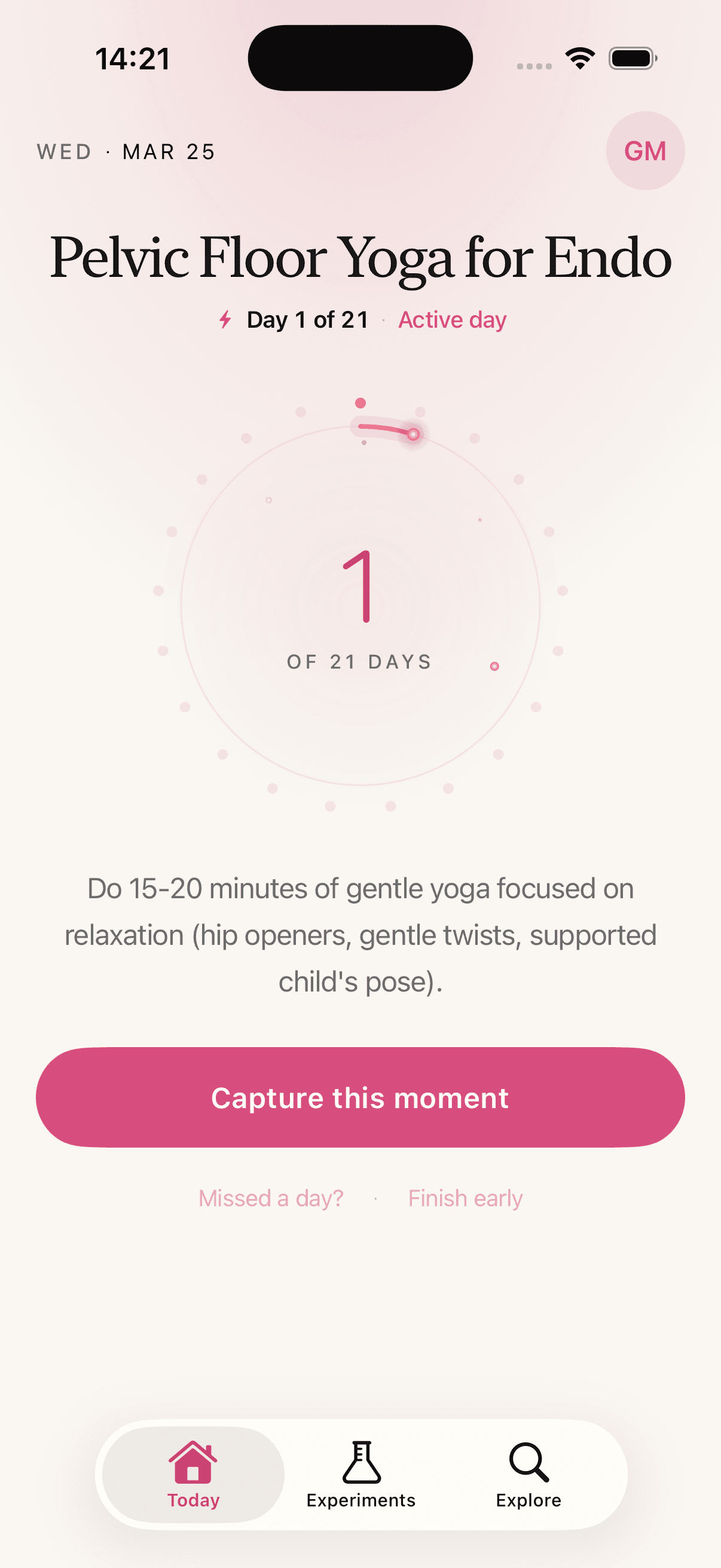 HerLyfe app showing today's wellness experiment